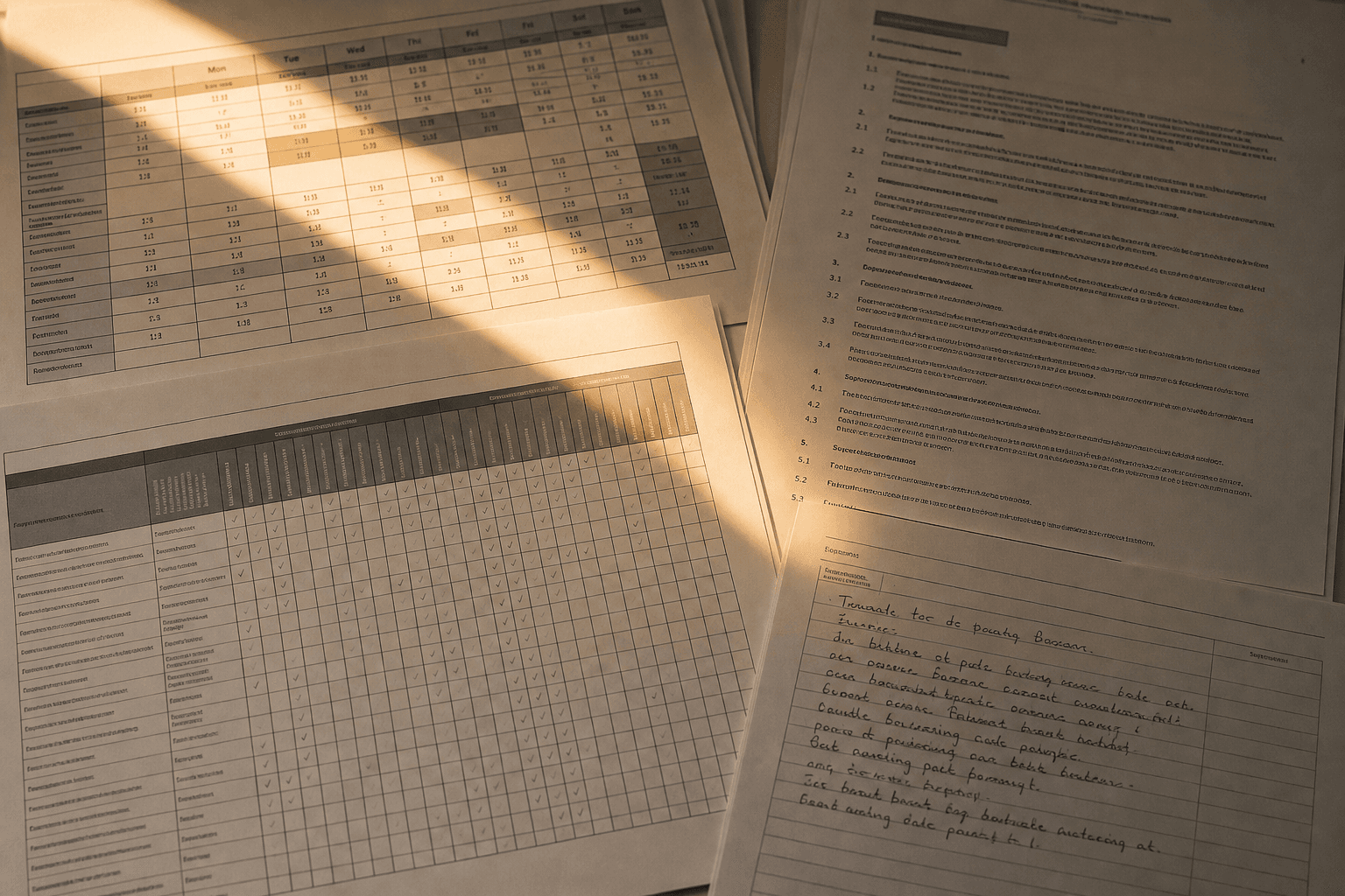 A stack of printed care-home paperwork — a staff rota, a training matrix, a policy page — with a diagonal beam of light crossing a few lines.